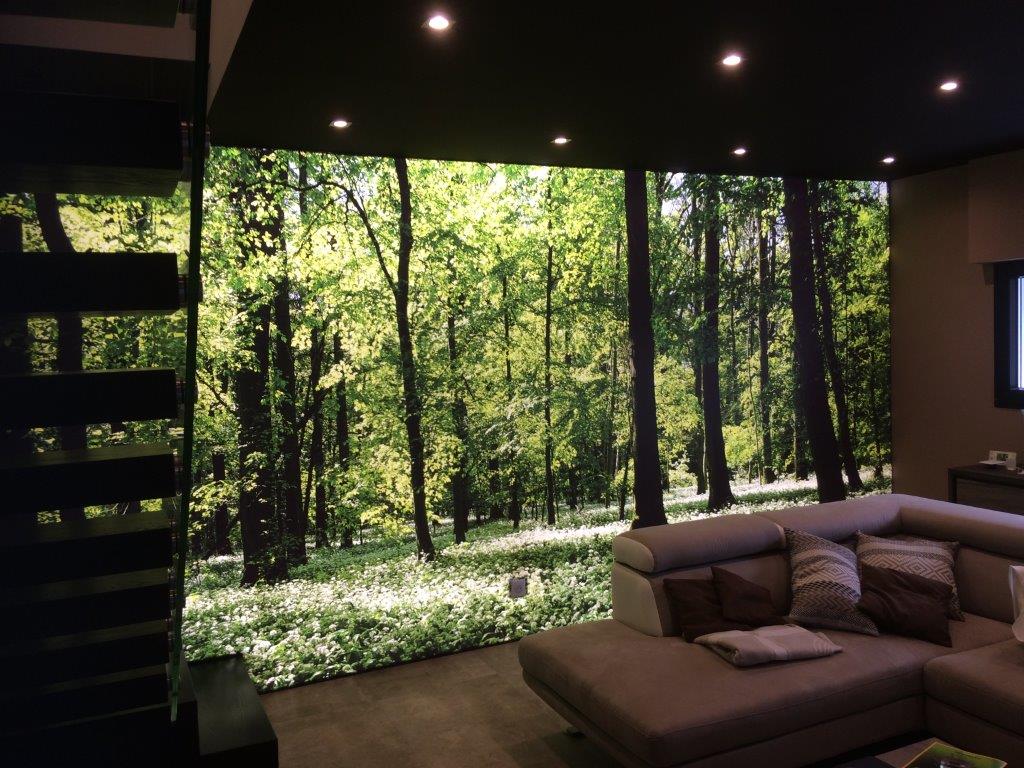 photo d'un salon avec un mur imprimé sur du translucide et rétroéclairé avec un visuel forêt