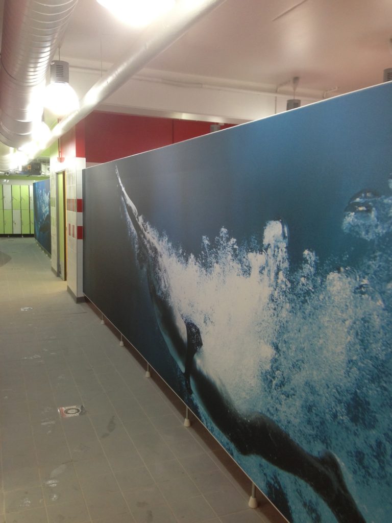 Photo d'un mur imprimé dans un vestiaire d'une piscine avec un visuel d''un homme nageant sous l'eau