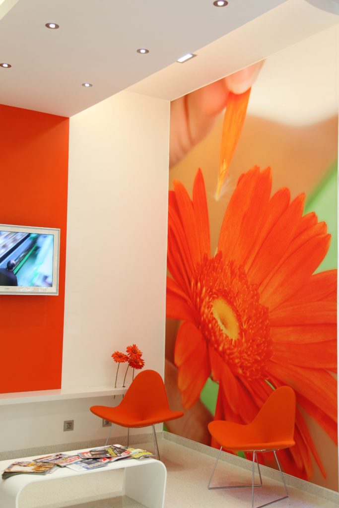 photo d'un mur imprimé avec un gerbera orange dans une salle d'attente