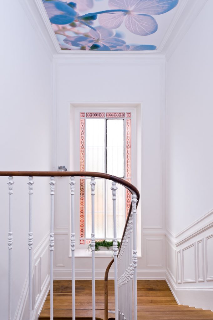 Photo d'un plafond imprimé dans une montée d'escalier avec un visuel de fleurs