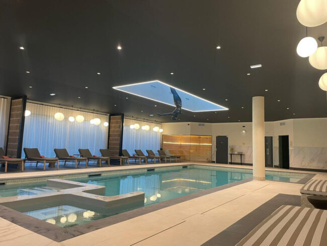 plafond tendu acoustique noir piscine intérieure