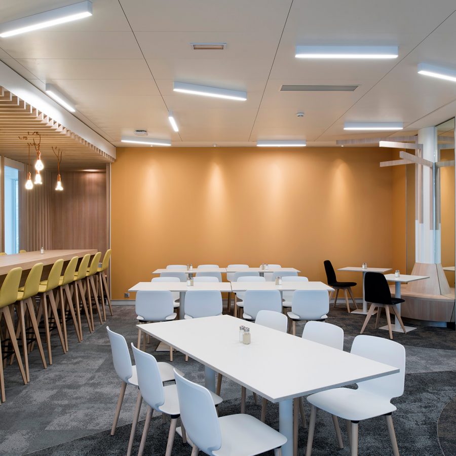Mur acoustique colors, R.I.E L’Oréal Photo d'un mur acoustique colors jaune devant table bar