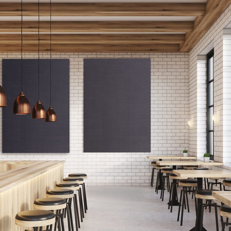 Cadres acoustiques muraux, gamme ALYOS fonica Photo de bafles acoustiques pour plafonds et murs imprimés bleu jeans en fixation mural dans un restaurant