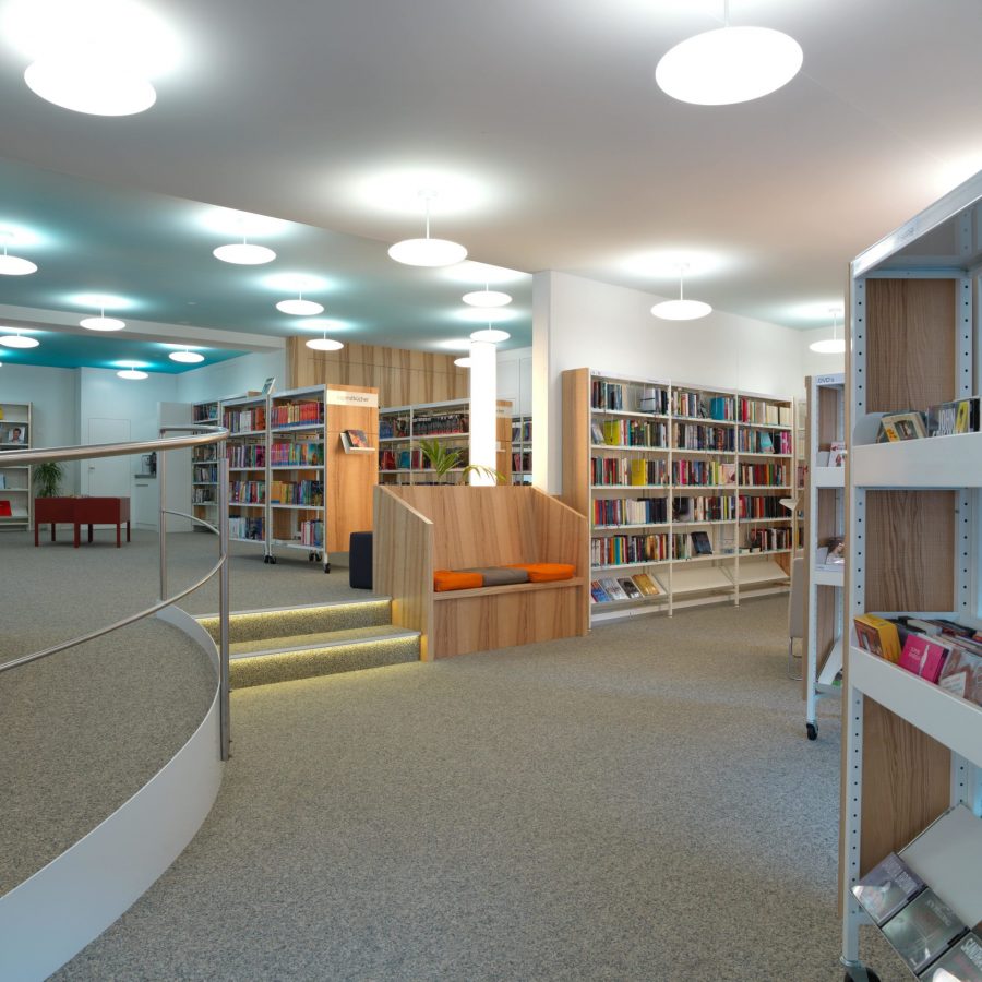 alyos-plafond-design-bibliotheque photo de plafonds imprimés avec un ciel bleu vaporeux dans une bibliothèque d'une école