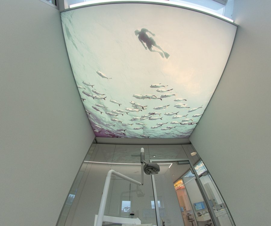 photo dun plafond avec une toile translucide imprimé poissons et plongeur installée au plafond d'un cabinet de dentiste